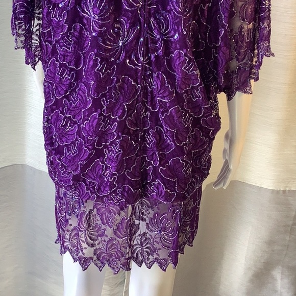 Brilliante By J.A. Purple Sequin Beaded Short Sleeve High Neck Tunic Top Sz L - Picture 8 of 12